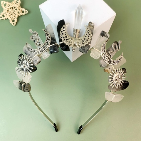 Natuurlijke Kristallen Kroon Hoofdband Boheems Maan Zon Slang Metaallegering Mystiek Gotisch Haaraccessoires Voor Vrouwen
