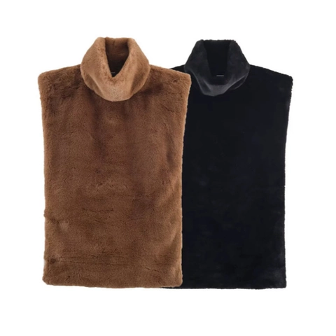 Femme Col Montant Veste En Fausse Fourrure Sans Manches Pullover Couleur Unie Chaud Hiver Vêtement Peluche Élégant