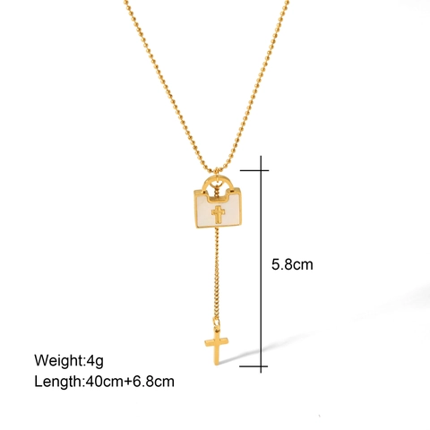 Kreuz Quadrat Schloss Anhänger Halskette 18K Vergoldet Edelstahl Muschel Perlenkette Damen Modeschmuck Accessoire