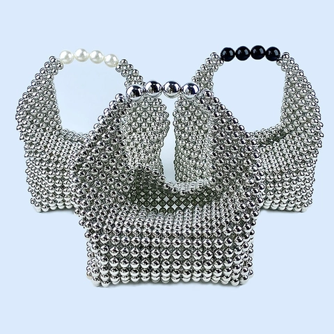 Handgefertigte Künstliche Perlenhandtasche Silberne Künstliche Perlenhenkel Gewebte Tasche Elegante Hochzeit Bankett Party Mode Accessoire Damen