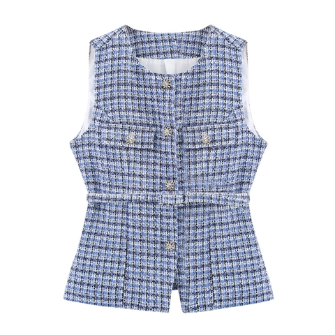 Chaleco De Tweed Para Mujer Top Sin Mangas A Cuadros Con Cinturón Elegante Cuello En V Estilo De Oficina Botones De Flor