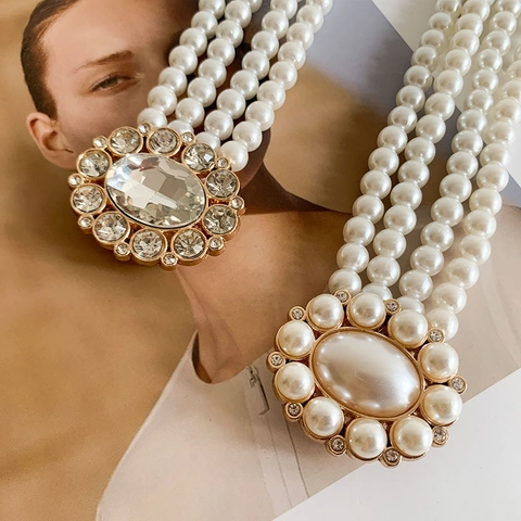 Women Multi Layer Imitation Artificial Pearl Belt Vintage Elastic Waist Chain Rhinestone Metal Buckle Elegant Decorative