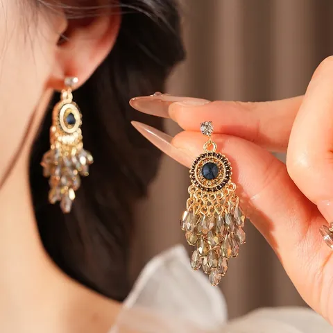 Retro Tassel Earrings Bohemian Style Gold Alloy Blue Gemstone Glass Beads With Silver Earring Post For Women Ethnic Luxury