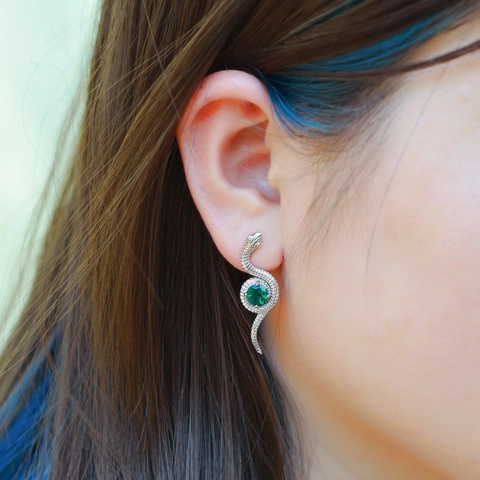 Pendientes de Botón de Serpiente de Plata de Ley S925 para Mujer Esmeralda de Laboratorio Piedra Verde Strass Joyería
