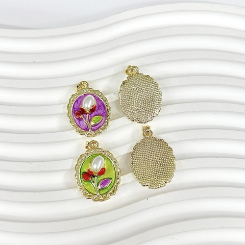 Colgante Estilo Pintura Al Óleo Monet Vintage Cobre Bañado En Oro 18K Esmalte Floral Tulipán Imitación Perla Artificial Barroco Mujeres