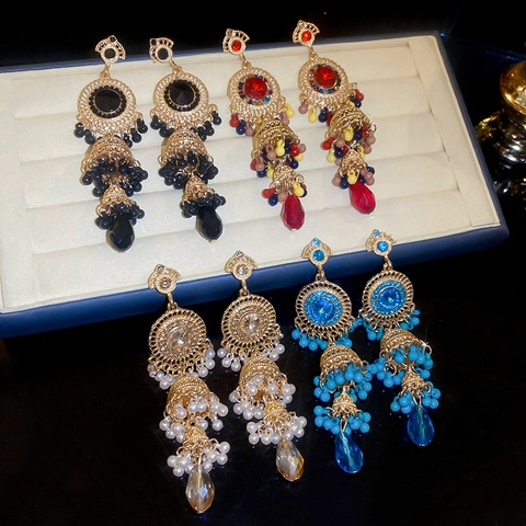 Pendientes Colgantes Vintage Bohemios Para Mujer Aleación Gema Cristal Cuentas Étnico Jhumka Con Poste De Acero