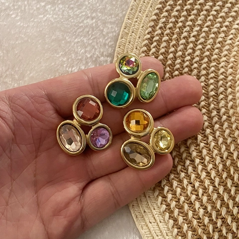 Vintage Geometric Stud Earrings For Women Stainless Steel Colorful Rhinestone Retro Multi Stone Jewelry Light Luxury
