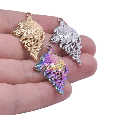 Stainless Steel Wolf Head Pendant Necklace Hollow Out Gothic Animal Charm Electroplated Jewelry For Men Women DIY Gift