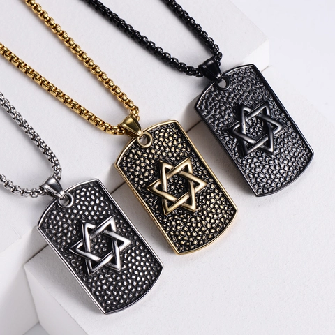 Collar Con Colgante De Hexagrama Estrella De David Dog Tag Acero Inoxidable 304 Joyería Geométrica Retro Punk Hombre