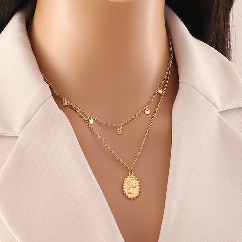 Stainless Steel Necklace Layered Coin Pendant Portrait Relief Retro Gold Plated Jewelry For Women