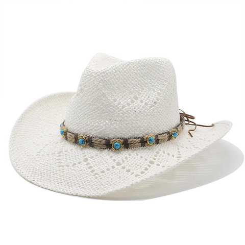 Western Cowboy Strohhut Papier Gewebt Hohl Atmungsaktiv Sonnenschutz Breite Krempe Türkis Perlenband Sommer Strand