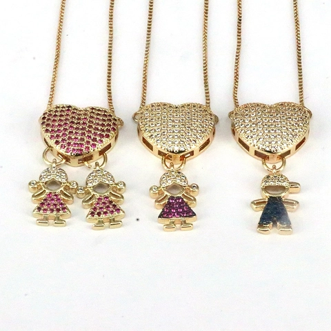 Collana Con Pendente A Cuore Rame Micro Pave Zircone Cartone Animato Ragazzo Ragazza Ciondoli Zirconia Colorata Regalo