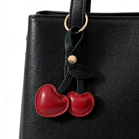 Cute Cherry Bag Charm PU Leather Heart Shape Fruit Keychain For Women Handbag Decor Car Key Accessory Pastoral Style