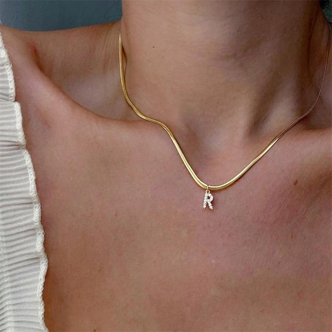 Collier Pendentif Lettre Initiale Acier Inoxydable Plaqué Or Chaîne Serpent Inlay Zircone Bijoux Alphabet Pour Femme
