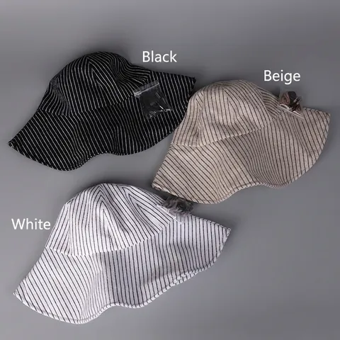 Chapeau Cloche Rayé Femme Coton Lin Large Bord Protection Solaire Pliable Été Plage Casquette De Voyage Avec Corde Amovible