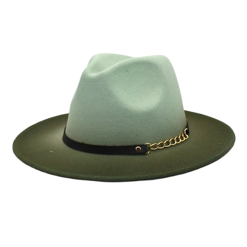 Cappello Fedora Vintage Ombre Sfumato In Feltro Di Lana A Tesa Larga Con Cintura In Pelle Decorazione Catena Dorata