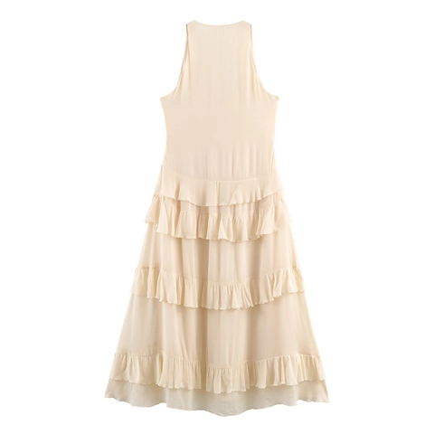Women Deep V Neck Tiered Ruffle Maxi Dress Sleeveless Chiffon Bohemian Elegant Solid Color High Waist Long Gown