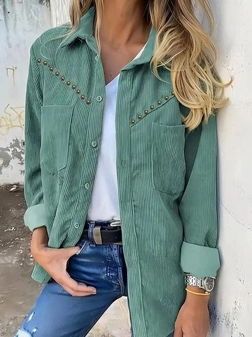 Women Corduroy Shacket Jacket Long Sleeve Rivet Studded Flap Pocket Button Down Casual Vintage Solid Tops