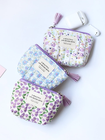 Quilted Cotton Floral Coin Purse Mini Cosmetic Makeup Bag With Zipper And Tassel Portable Storage Pouch For Women Girls