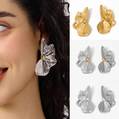 Vintage Flower Earrings 316 Stainless Steel PVD Gold Plated Oversized Artistic Style For Women Waterproof Hypoallergenic