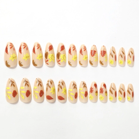 Almond Press On Nails Long Artificial Fake Nail Tips Autumn Winter Maple Leaf Pattern Elegant Nude Color For Women