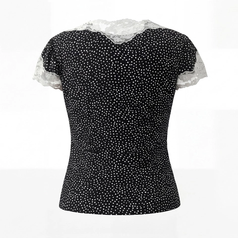 Damen Retro Polka Dot Bluse Viskose Kurzarm V-Ausschnitt Spitze Schleife Sommer Oberteil