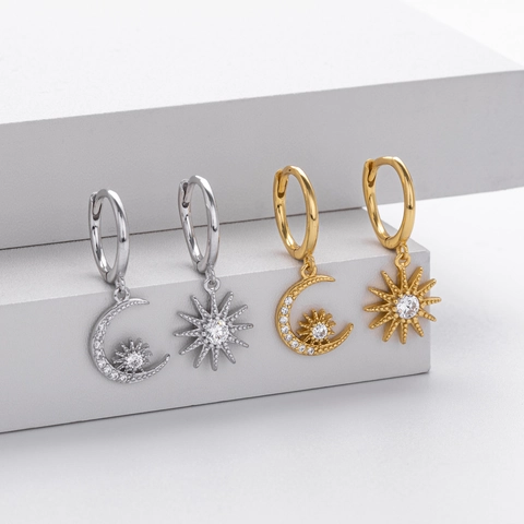 925 Sterling Zilveren Ster Maan Zon Asymmetrische Hoop Oorbellen Voor Dames Met Zirkonia Celestial Stijl Sieraden