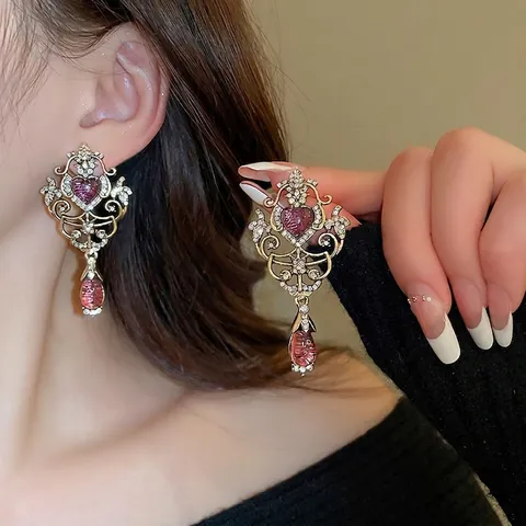 Baroque Palace Heart Water Drop Earrings Alloy Rhinestone With 925 Sterling Silver Earring Post Vintage Elegant Jewelry