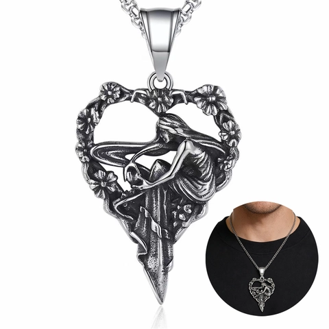 Vintage Heart Fairy Pendant Necklace Stainless Steel Retro Angel Wings Flower Relief Gothic Jewelry For Women Men