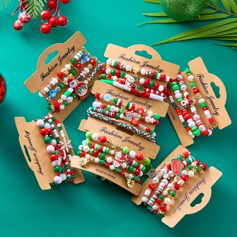 Bracelet De Noël Multicouche Acrylique Argile Polymère Alliage Père Noël Flocon De Neige Élan Cadeau Élastique
