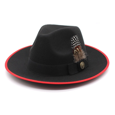 Vintage Wide Brim Fedora Hat Wool Felt British Style With Feather And Metal Buckle Elegant Unisex Jazz Cap