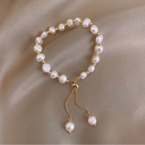 Bracciale Con Süßwasserperle D'acqua Dolce Barocche Con Chiusura A Scorrimento Regolabile Placcato Oro 14K Gioielli Eleganti