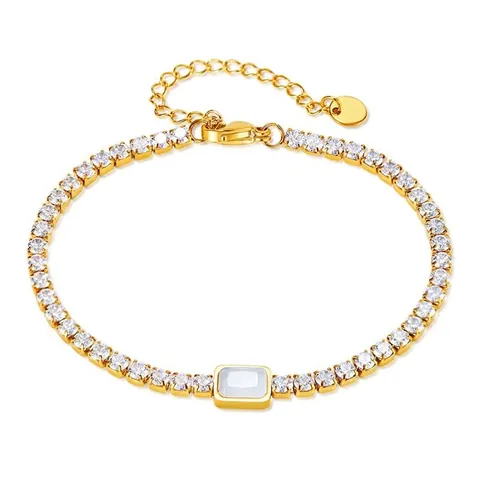 Elegante Pulsera Tennis Mujer Acero Inoxidable Chapado En Oro Circonita Cúbica Piedra Central Concha Rectangular Ajustable