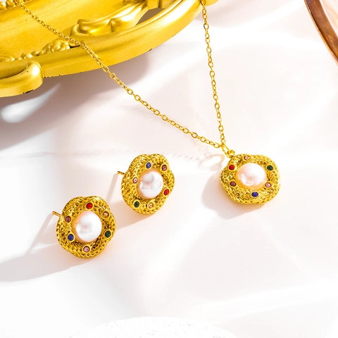 Set Gioielli in Acciaio Inossidabile Vintage per Donna Collana e Orecchini Con Perla Artificiale Strass Multicolore Ciondolo Bottone