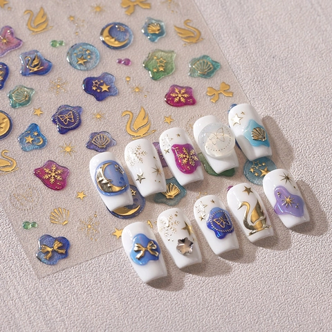 3D Geprägte Gold Bronzierung Nagelkunst Aufkleber M-669 Elegante Retro Schwan Schmetterling Mond Stern Design Maniküre Für Frauen