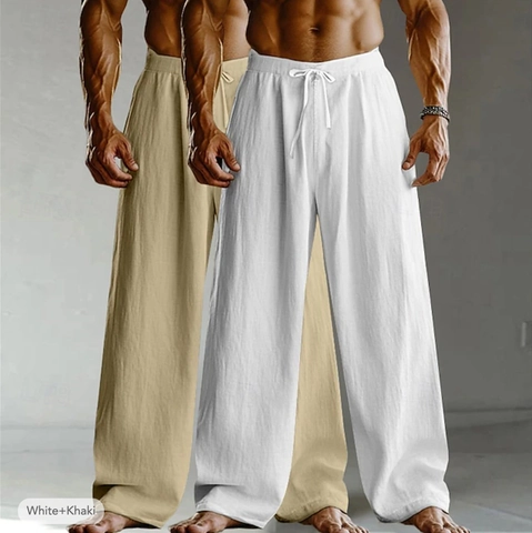 Men Casual Summer Breathable Linen Straight Leg Drawstring Bottoms Solid Color Cotton Linen Blend For Daily Outdoor Wear
