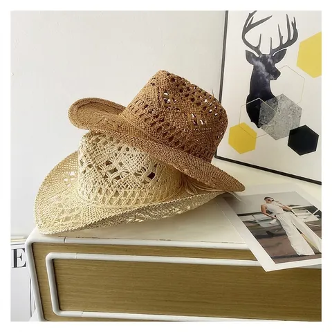 Western Cowboy Hat Hollow Straw Weave Sun Protection Wide Brim Breathable Summer Beach Travel For Men Women