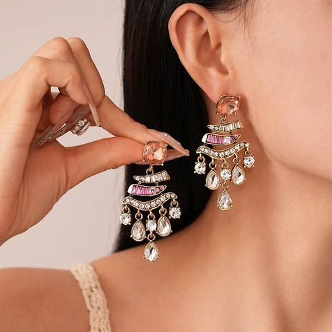 Retro Palace Dangle Earrings Alloy Luxury Rhinestone With 925 Sterling Silver Earring Post For Women