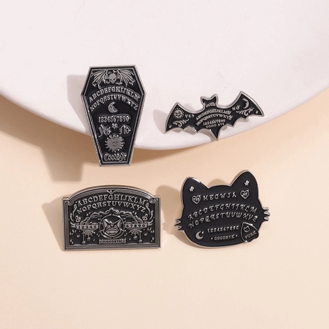 Gothic Ouija Board Enamel Pins Bat Coffin Cat Head Shape Zinc Alloy Brooches For Halloween Clothes Bag Decoration Jewelry Gift