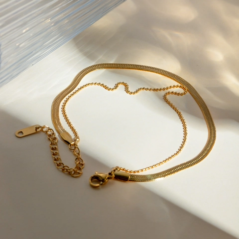 Double Layer Anklet 18K Gold Plated Stainless Steel Snake And Bead Chain Boho Beach Jewelry For Women