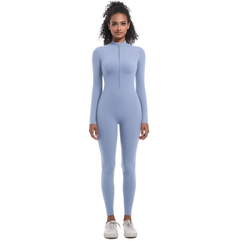 Damen Langarm Yoga Jumpsuit Nylon Spandex Reißverschluss Stehkragen Eng Anliegend Sportlicher Unitard Laufen Fitness