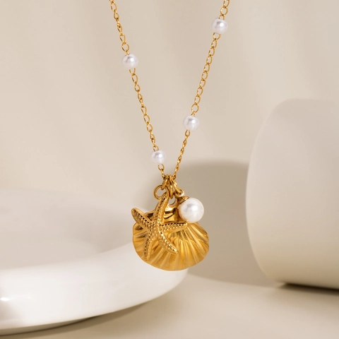 Gioielli In Acciaio Inossidabile Collana Bracciale Orecchini Conchiglia Stella Marina Perla Artificial Placcato Oro Stile Marino Donna