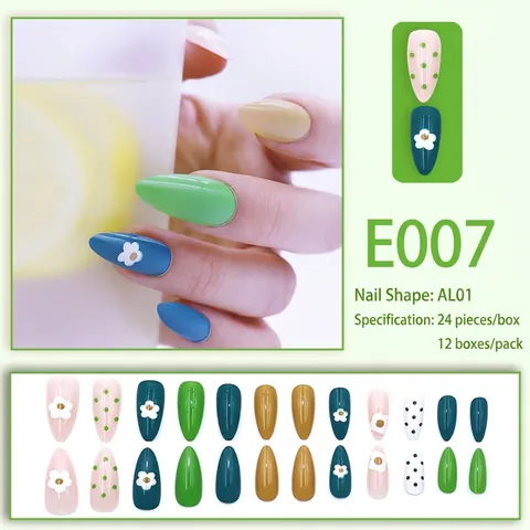 Press On Nails Almond Shape Candy Color Daisy Flower Reusable Long False Nails With Glue And Jelly Adhesive