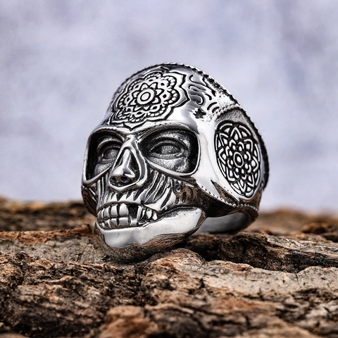 Gothic Skull Ring For Men Stainless Steel Vintage Engraved Mandala Pattern Biker Punk Jewelry