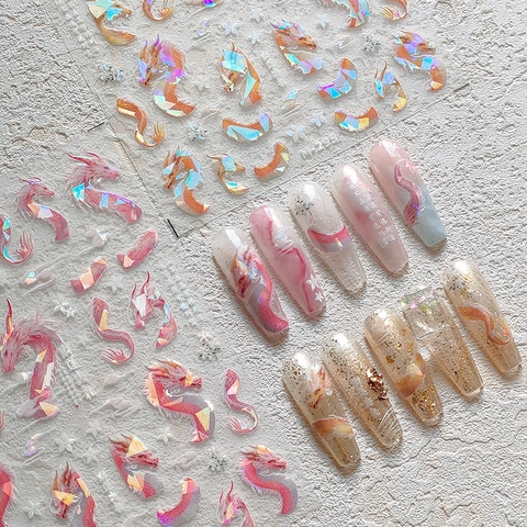 Nail Art Stickers Chinese Dragon Pattern Laser Holographic Embossed Self Adhesive Decals National Style Manicure Decoration