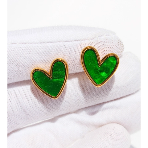 Orecchini a Bottone Vintage a Forma di Cuore Verde Con Perno in Argento Sterling 925 Eleganti Gioielli Effetto Smalto Donna