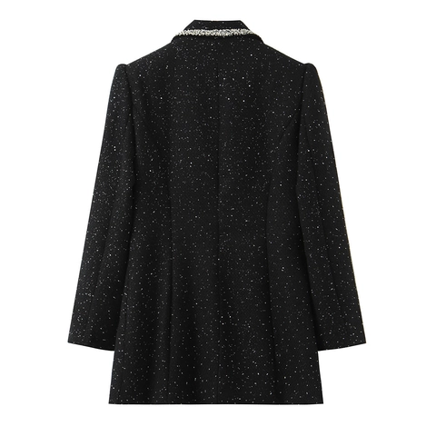 Eleganter Damen Sequin Tweed Blazer Jacke Geflochtener Besatz Langarm Vintage Büro Pendler Oberbekleidung Schwarz Mode