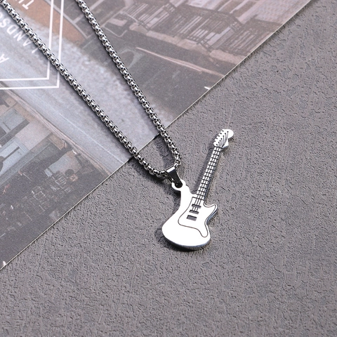 Stainless Steel Guitar Pendant Necklace Rock Street Punk Style Silver Musical Instrument Charm Jewelry For Men Women