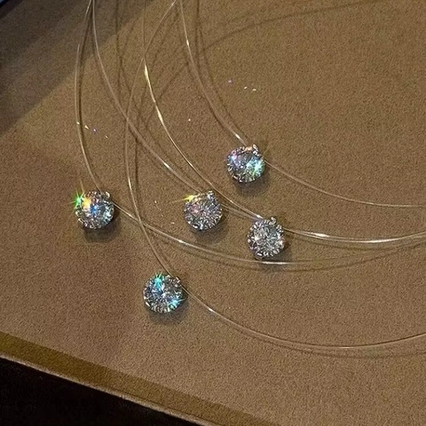 Collana Con Pendente In Zircone Tondo Rame Filo Da Pesca Invisibile Catena Da Clavicola Gioielli Minimalisti Per Donne