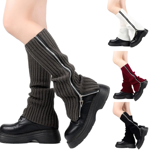 Women Ribbed Knit Leg Warmers With Zipper Winter Warm Slouchy Socks JK Style Solid Color Acrylic Foot Covers Accessories